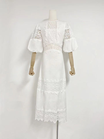 Australian Round Neck Lantern Sleeve Short Sleeve Water-Soluble Lace Splicing Holiday Style Temperament White Dress Dress